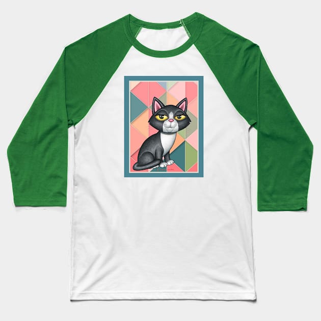 Black white kitty cat on art deco in greens and orange Baseball T-Shirt by Danny Gordon Art